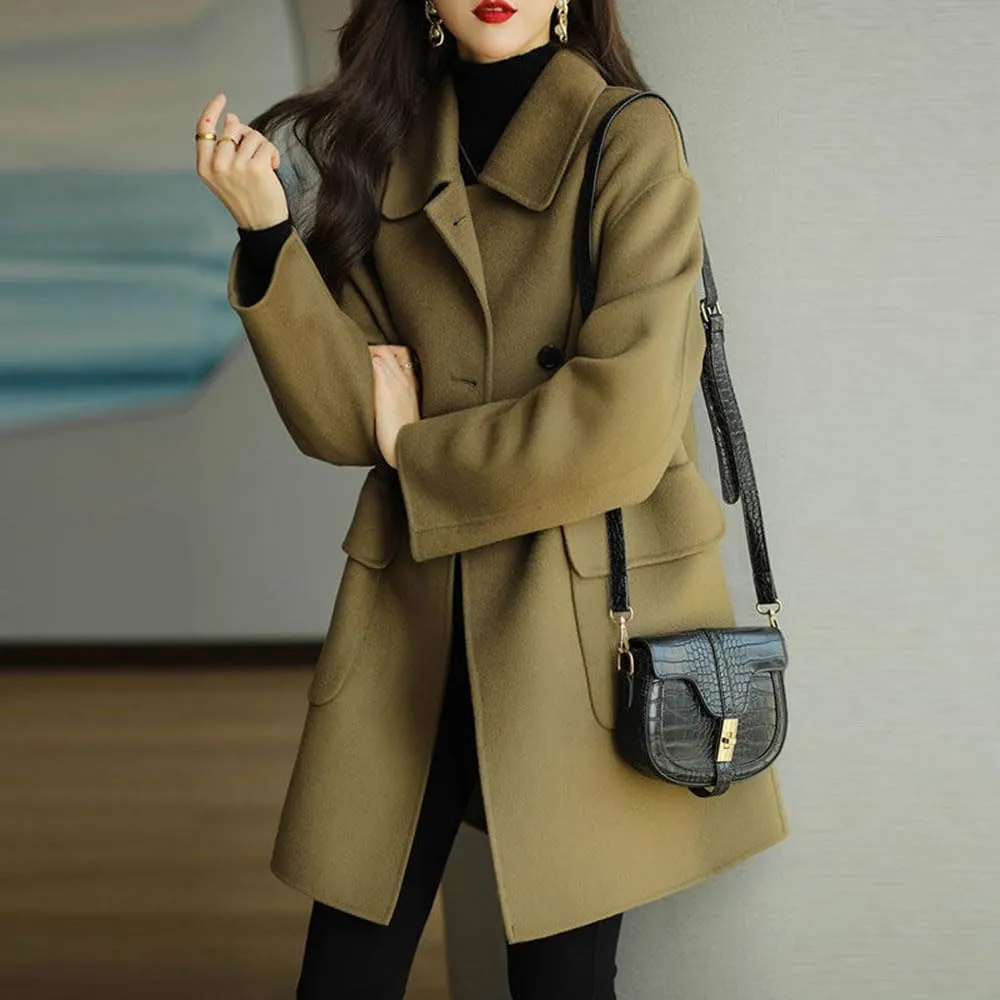 Women's Casual Thicken Double Breasted Pea Coat Mid Long Wool Coats with Pockets Women Mid Peacoat