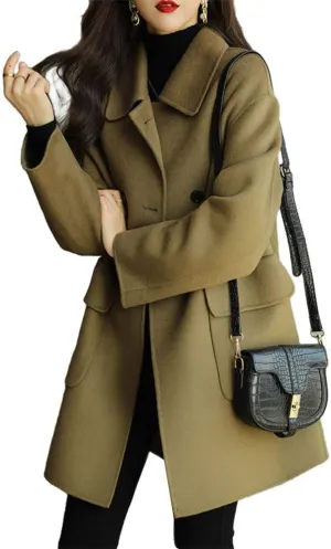 Women's Casual Thicken Double Breasted Pea Coat Mid Long Wool Coats with Pockets Women Mid Peacoat