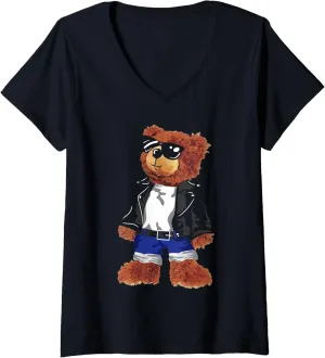 Womens Cool Cute Teddy Bear with Sunglasses Leather Jacket & Jeans V-Neck T-Shirt
