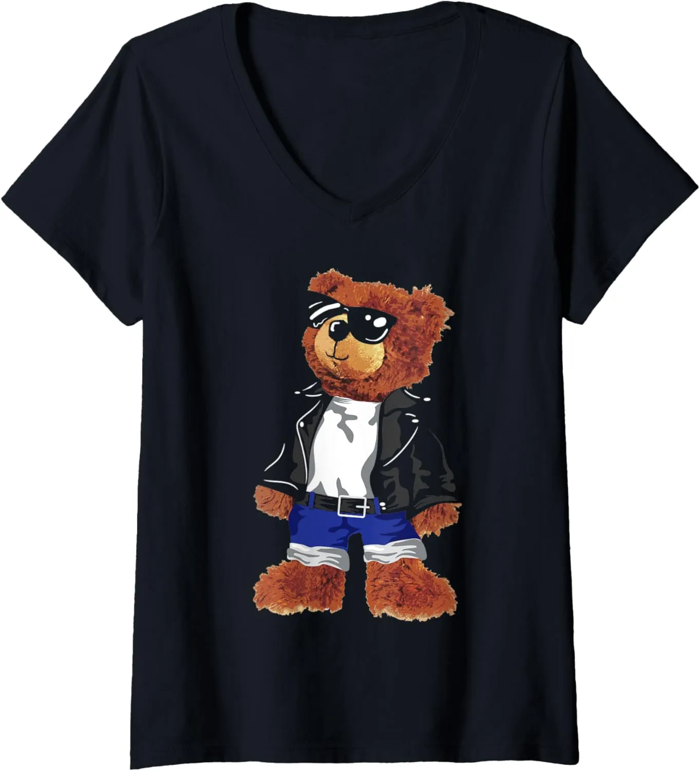 Womens Cool Cute Teddy Bear with Sunglasses Leather Jacket & Jeans V-Neck T-Shirt