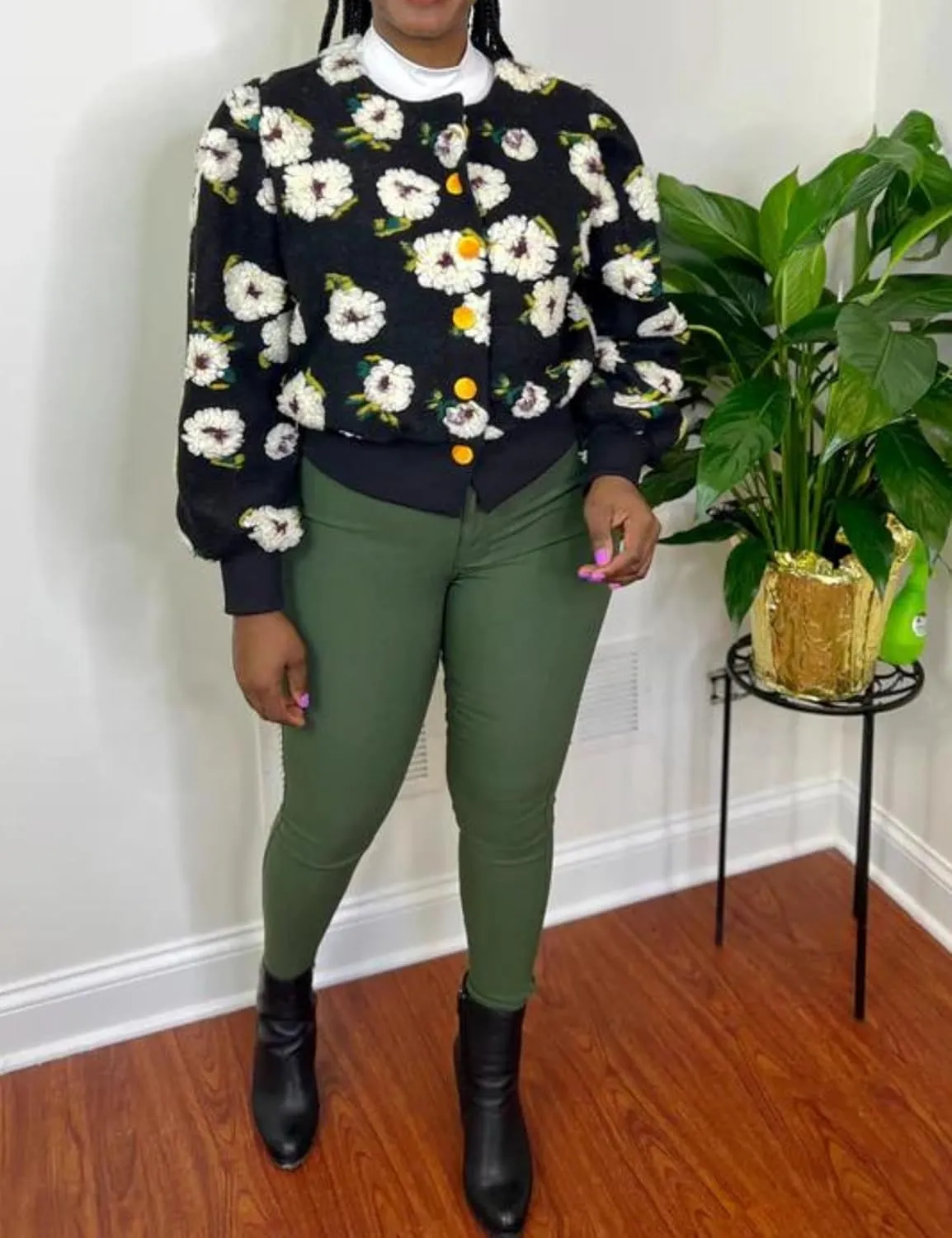 Womens Cropped Floral Print Jacket Warm Fleece Bomber Jacket Casual Button Down Coats Fall Puff Outerwears