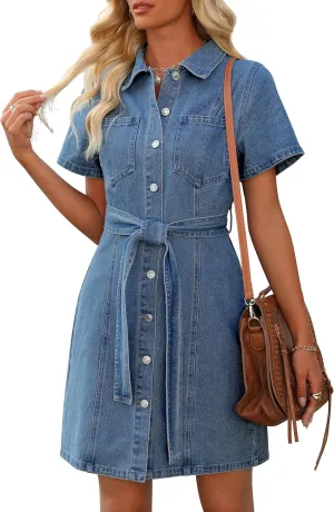 Women's Denim Dress Short Sleeve Jean Dress Button Down Babydoll Denim Shirt Dresses with Pocket 2025 Outfits