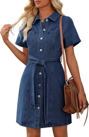 Women's Denim Dress Short Sleeve Jean Dress Button Down Babydoll Denim Shirt Dresses with Pocket 2025 Outfits