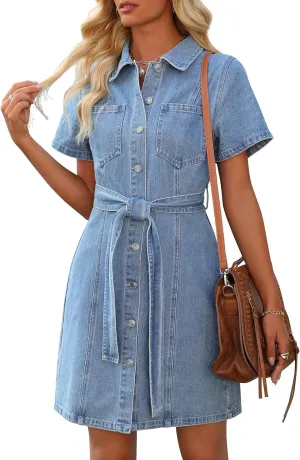 Women's Denim Dress Summer Short Sleeve Jean Dress Button Down Denim Shirt Dresses with Pocket 2025 Outfits