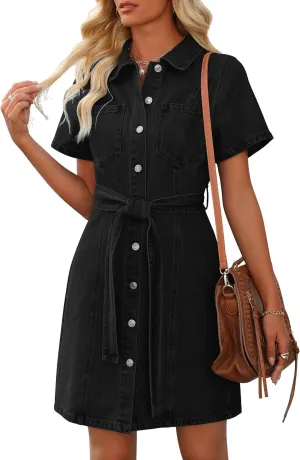 Women's Denim Dress Summer Short Sleeve Jean Dress Button Down Denim Shirt Dresses with Pocket 2025 Outfits