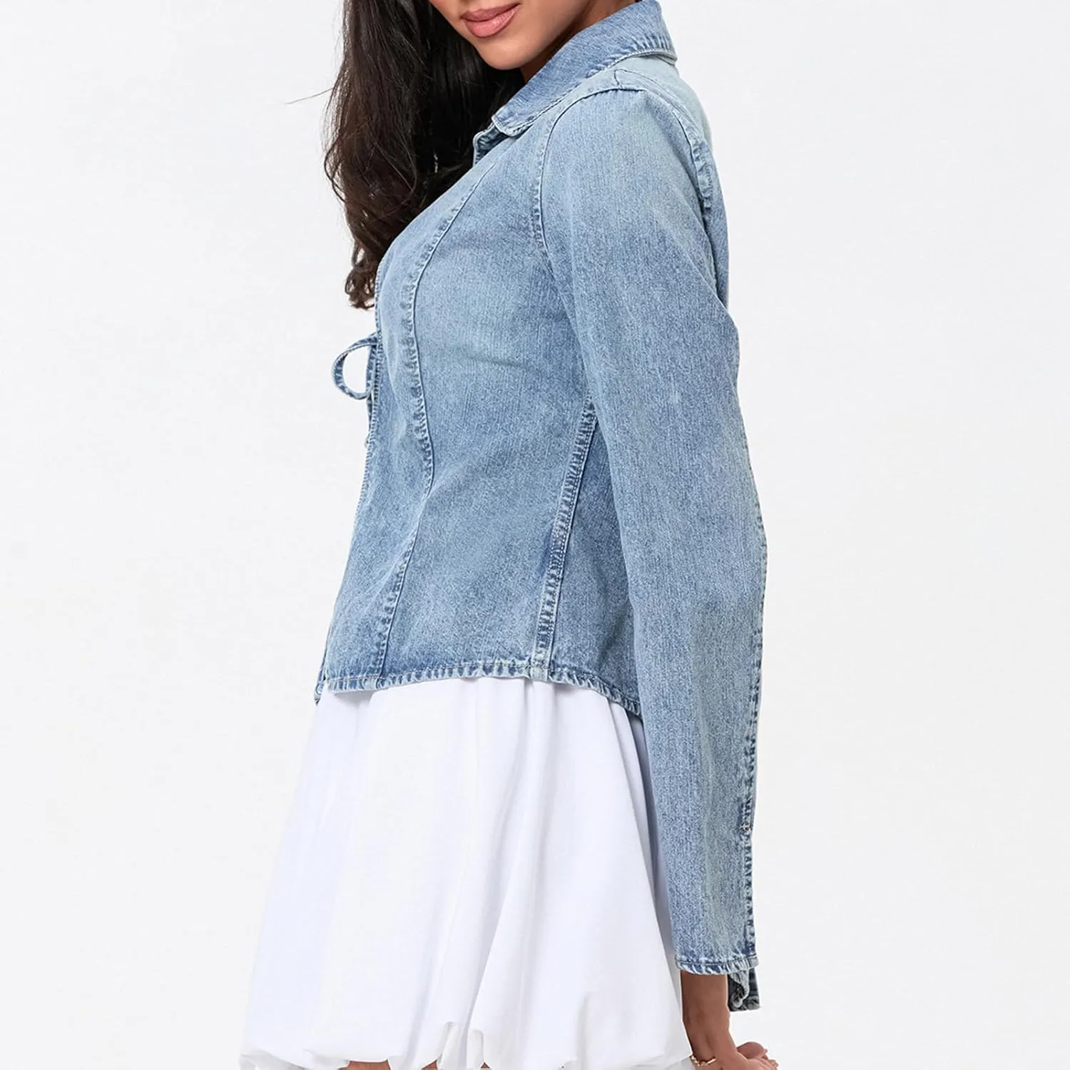 Womens Denim Jackets Tie Front Jean Coat Long Sleeeve Open Front Loose Jean Jacket Trucket Jacket Fall Bowtie Top