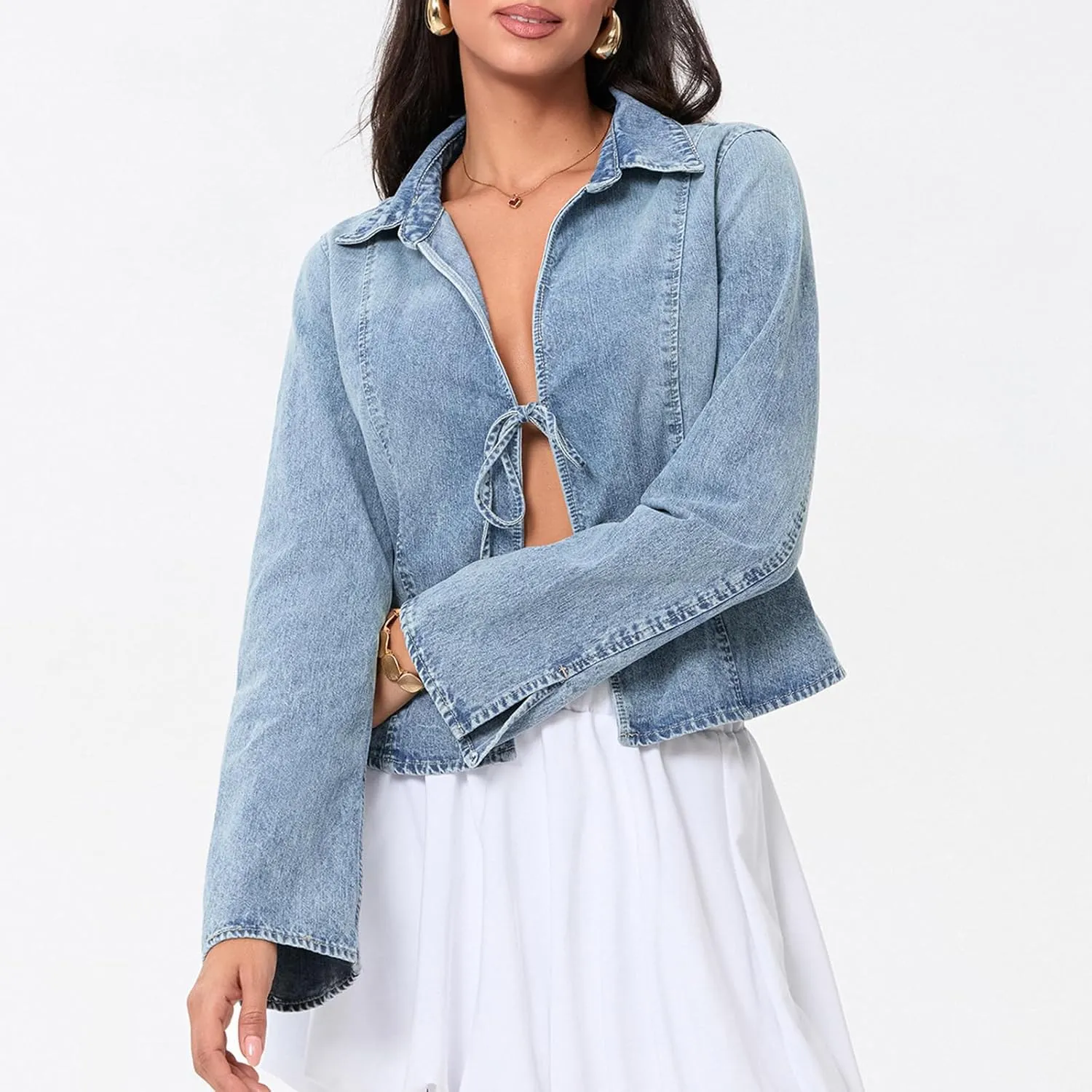 Womens Denim Jackets Tie Front Jean Coat Long Sleeeve Open Front Loose Jean Jacket Trucket Jacket Fall Bowtie Top