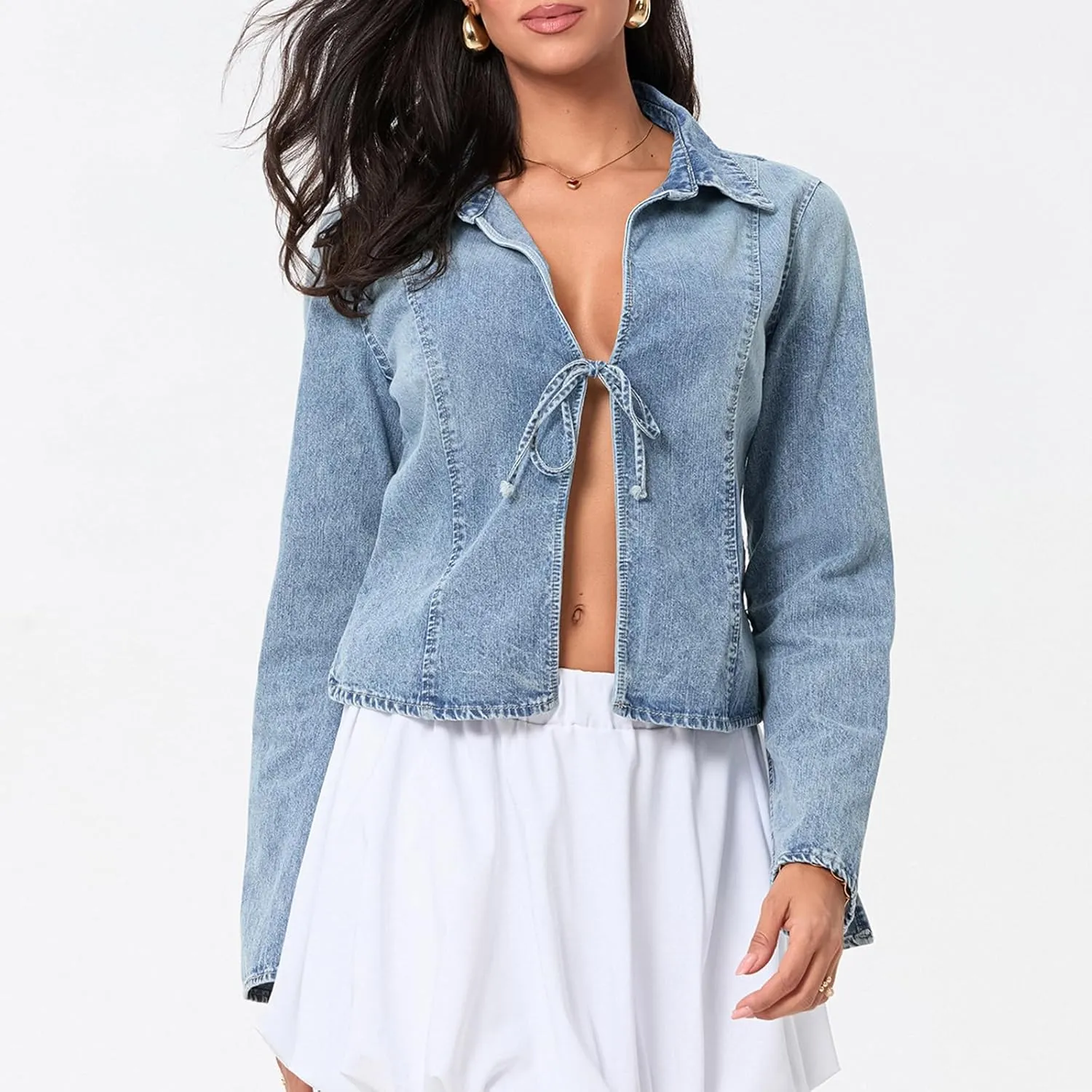 Womens Denim Jackets Tie Front Jean Coat Long Sleeeve Open Front Loose Jean Jacket Trucket Jacket Fall Bowtie Top