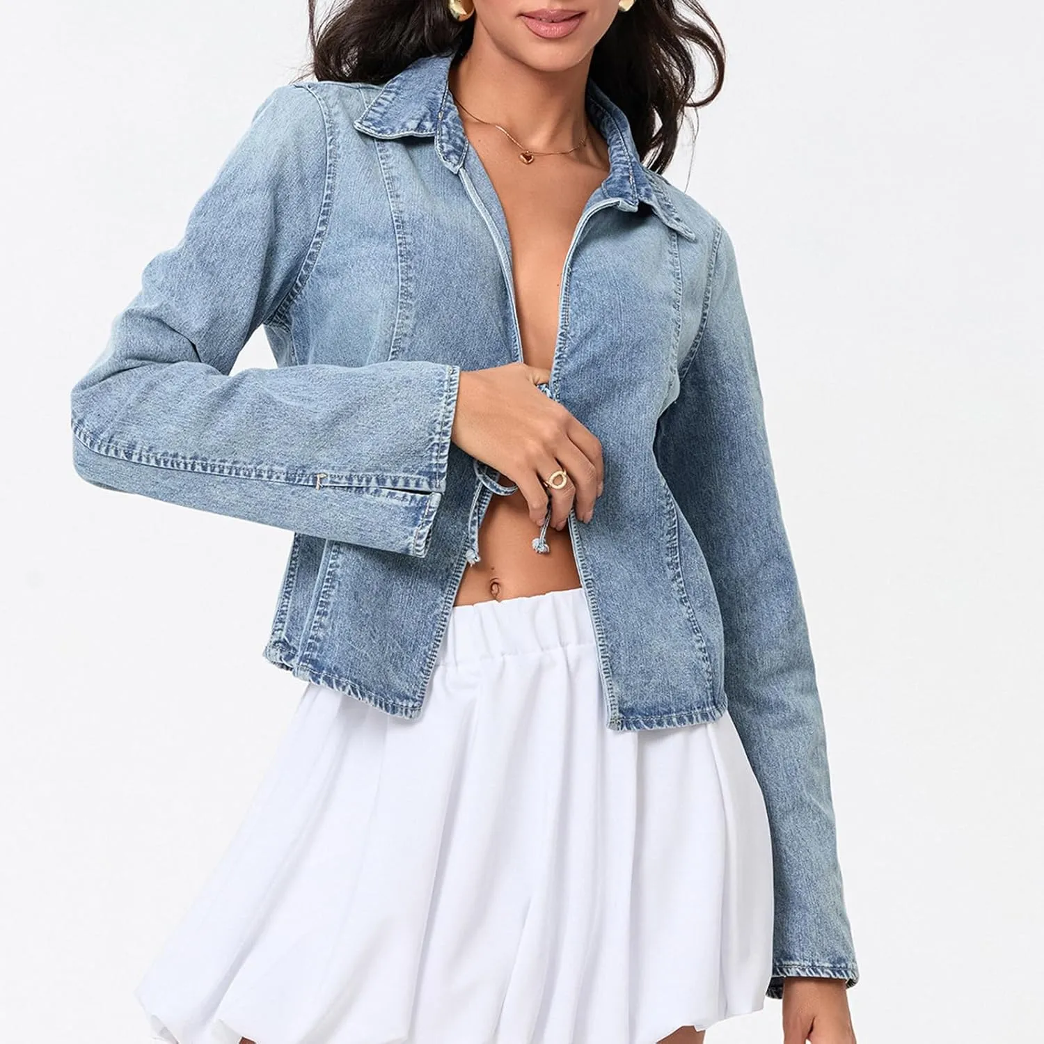 Womens Denim Jackets Tie Front Jean Coat Long Sleeeve Open Front Loose Jean Jacket Trucket Jacket Fall Bowtie Top