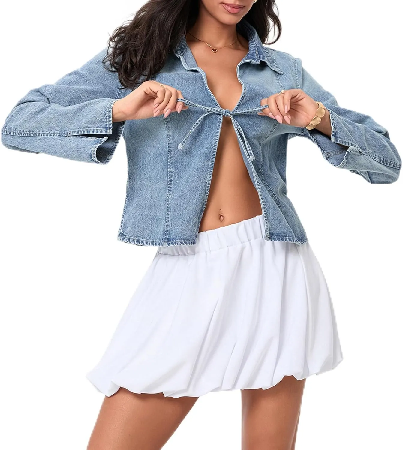 Womens Denim Jackets Tie Front Jean Coat Long Sleeeve Open Front Loose Jean Jacket Trucket Jacket Fall Bowtie Top