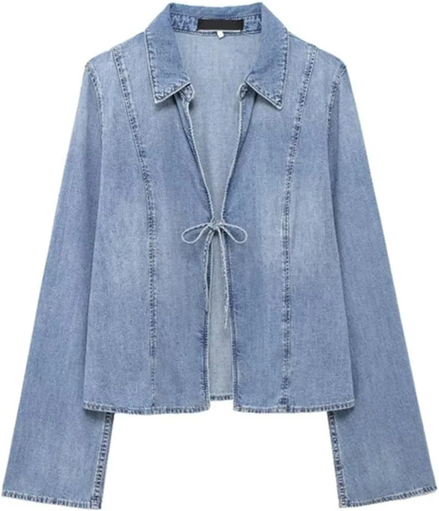 Womens Denim Jackets Tie Front Jean Coat Long Sleeeve Open Front Loose Jean Jacket Trucket Jacket Fall Bowtie Top