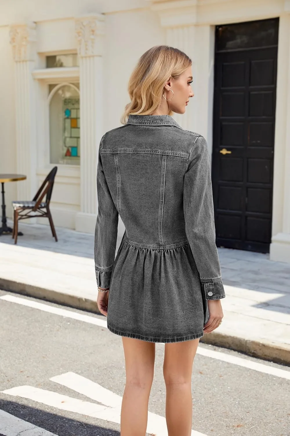 Womens Denim Mini Dress Button Down Long Sleeve Lapel Collared Vintage Retro Jean Dress