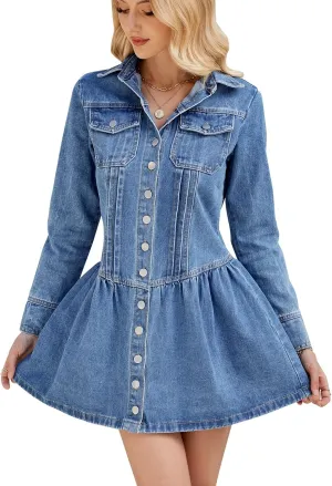 Womens Denim Mini Dress Button Down Long Sleeve Lapel Collared Vintage Retro Jean Dress