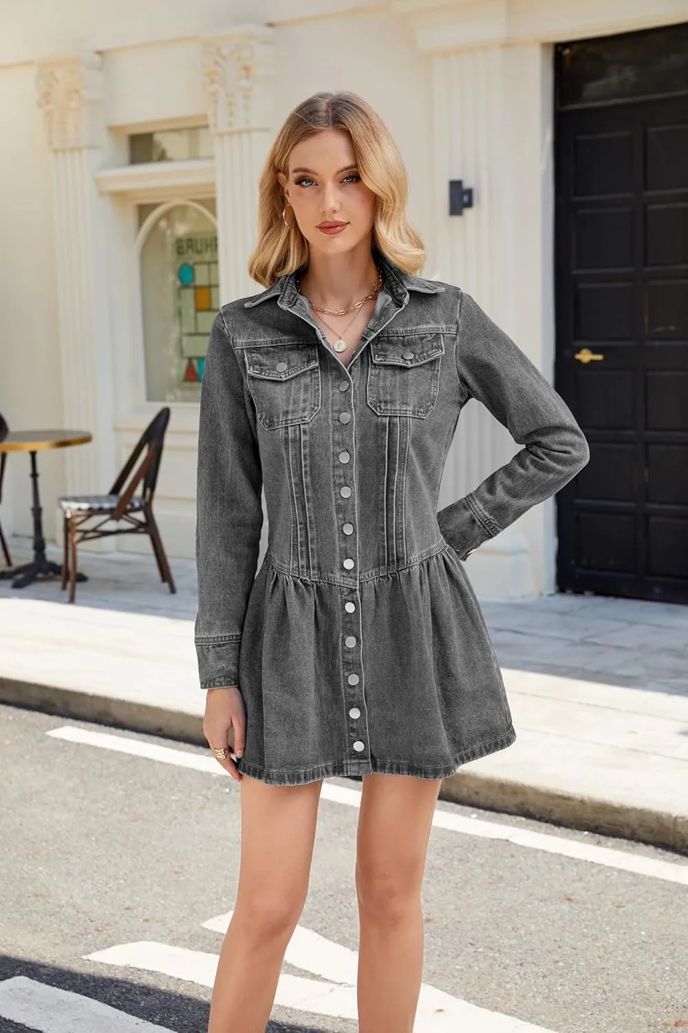 Womens Denim Mini Dress Button Down Long Sleeve Lapel Collared Vintage Retro Jean Dress
