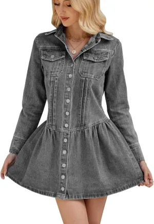 Womens Denim Mini Dress Button Down Long Sleeve Lapel Collared Vintage Retro Jean Dress