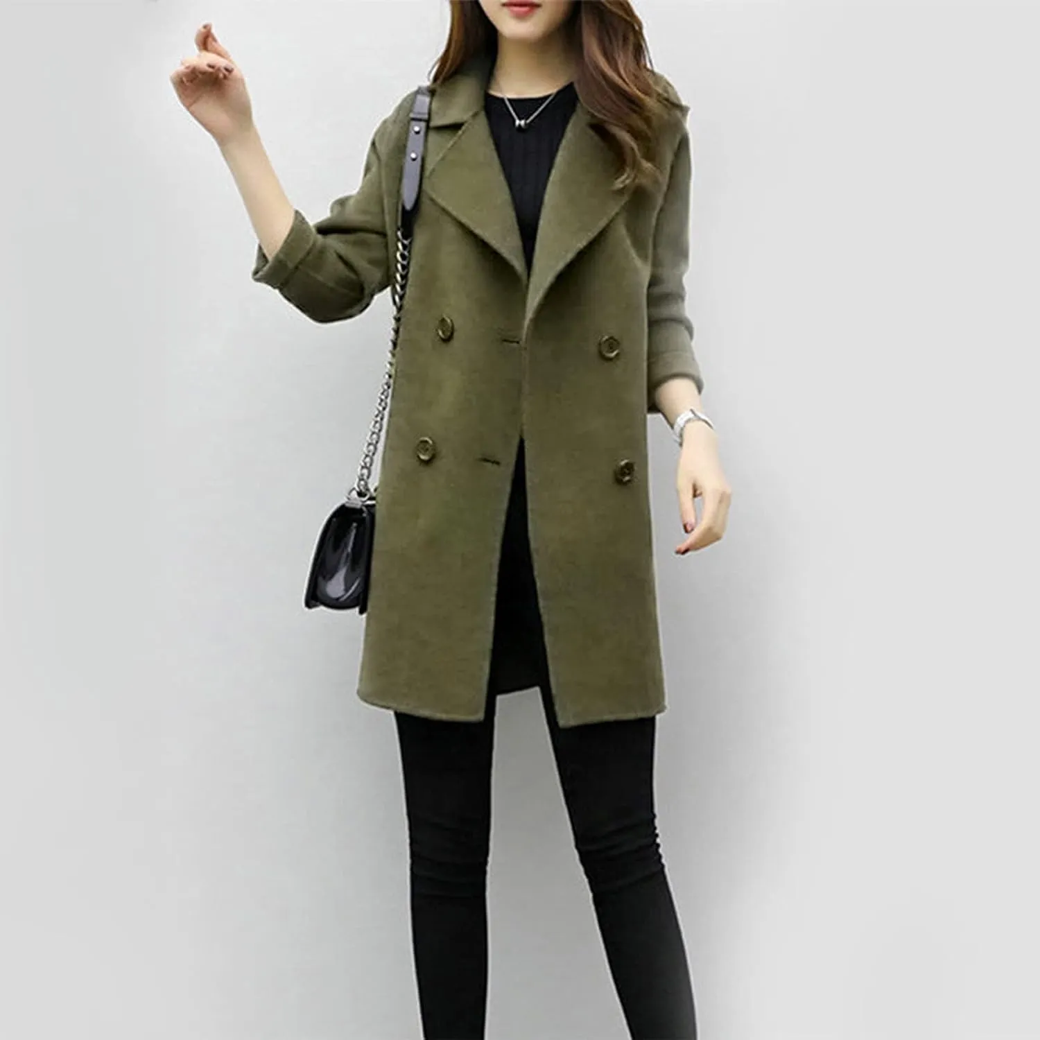 Womens Double Breasted Wool Coats Winter Warm Midi Long Trench Coat Notch Lapel Work Office Jackets Overcoats