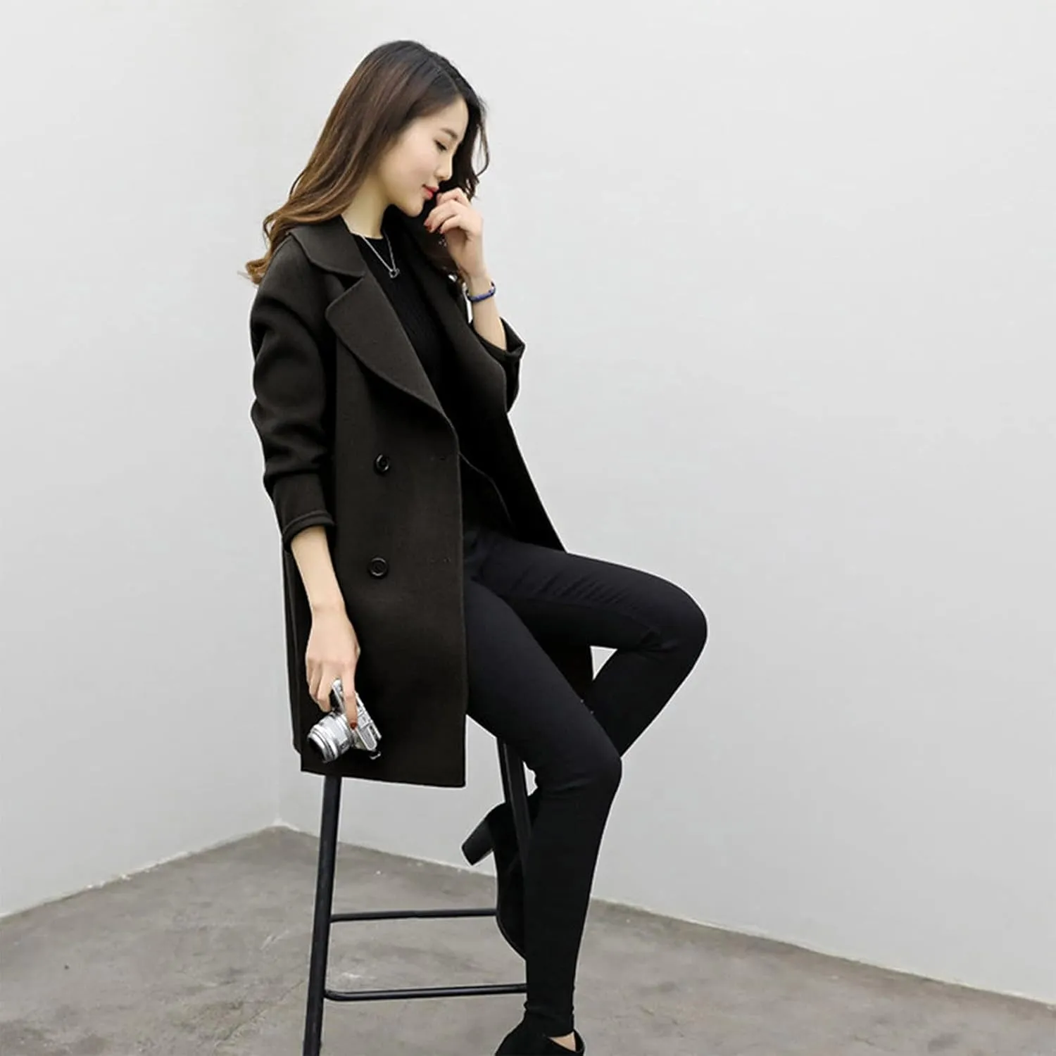 Womens Double Breasted Wool Coats Winter Warm Midi Long Trench Coat Notch Lapel Work Office Jackets Overcoats