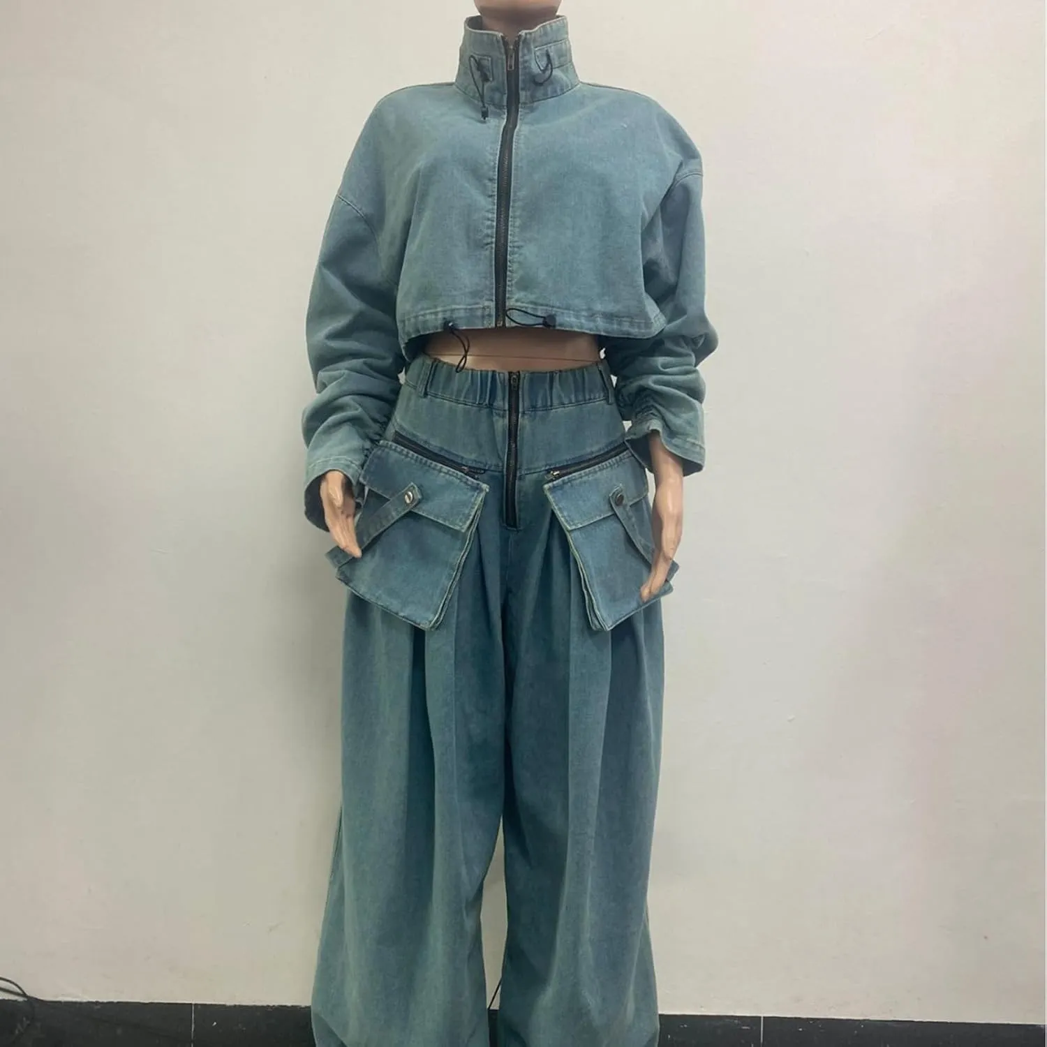 Womens Fall 2 Piece Outfits Zip Up Long Sleeve Crop Jean Jacket Wide Leg Cargo Pants Suit Denim Set