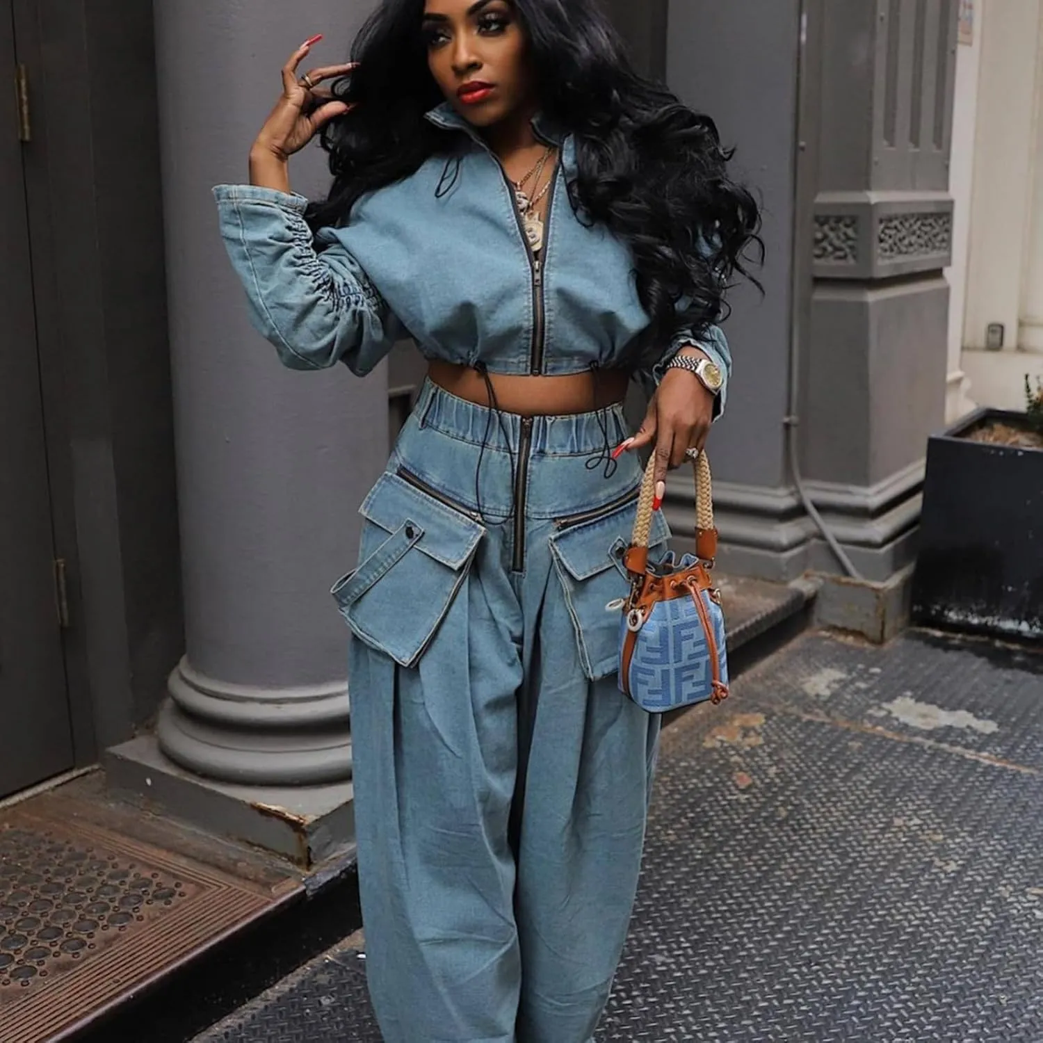 Womens Fall 2 Piece Outfits Zip Up Long Sleeve Crop Jean Jacket Wide Leg Cargo Pants Suit Denim Set