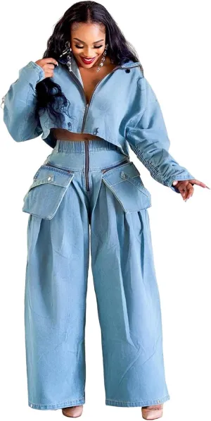 Womens Fall 2 Piece Outfits Zip Up Long Sleeve Crop Jean Jacket Wide Leg Cargo Pants Suit Denim Set