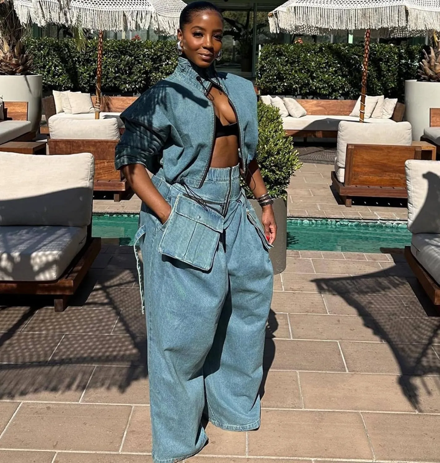 Womens Fall 2 Piece Outfits Zip Up Long Sleeve Crop Jean Jacket Wide Leg Cargo Pants Suit Denim Set