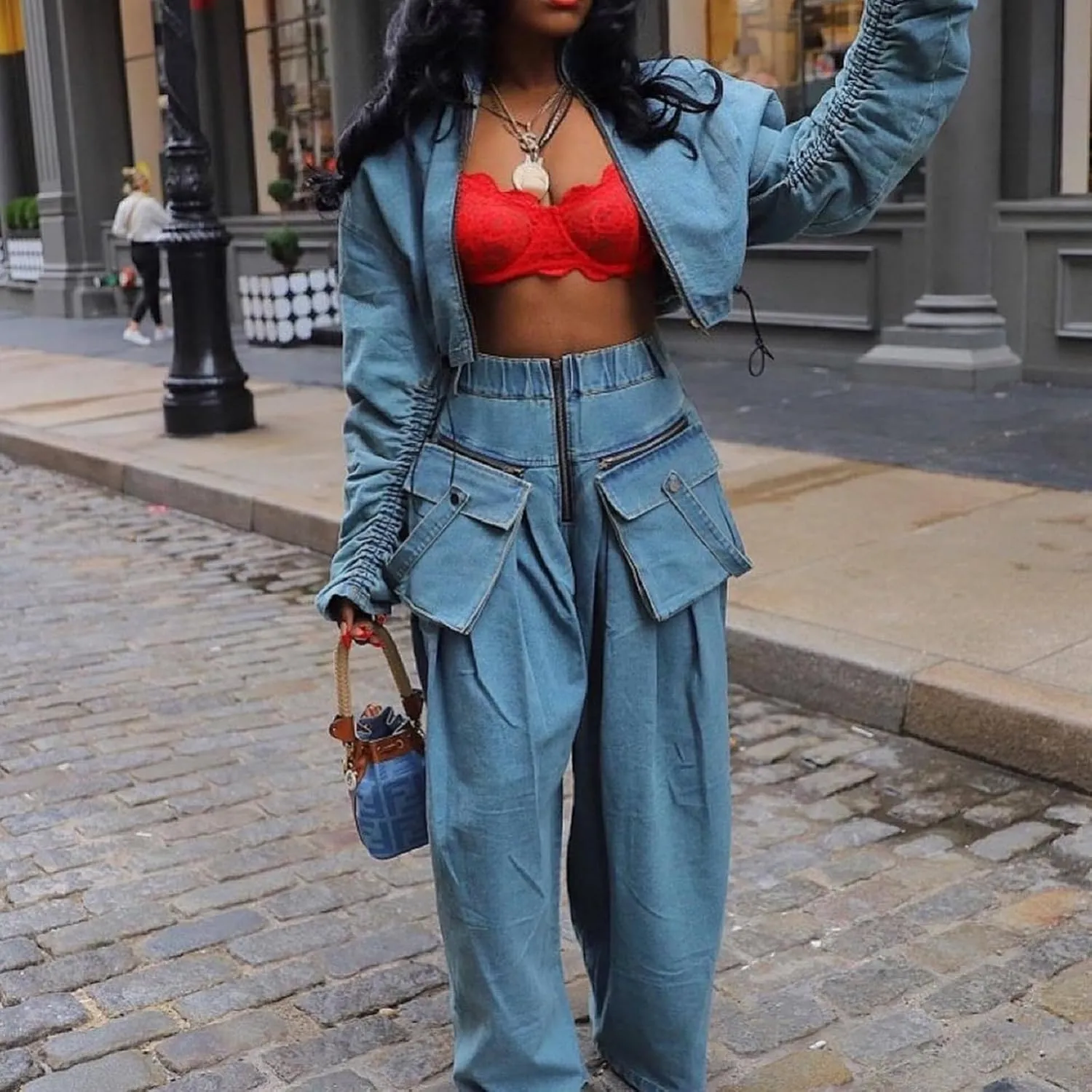 Womens Fall 2 Piece Outfits Zip Up Long Sleeve Crop Jean Jacket Wide Leg Cargo Pants Suit Denim Set