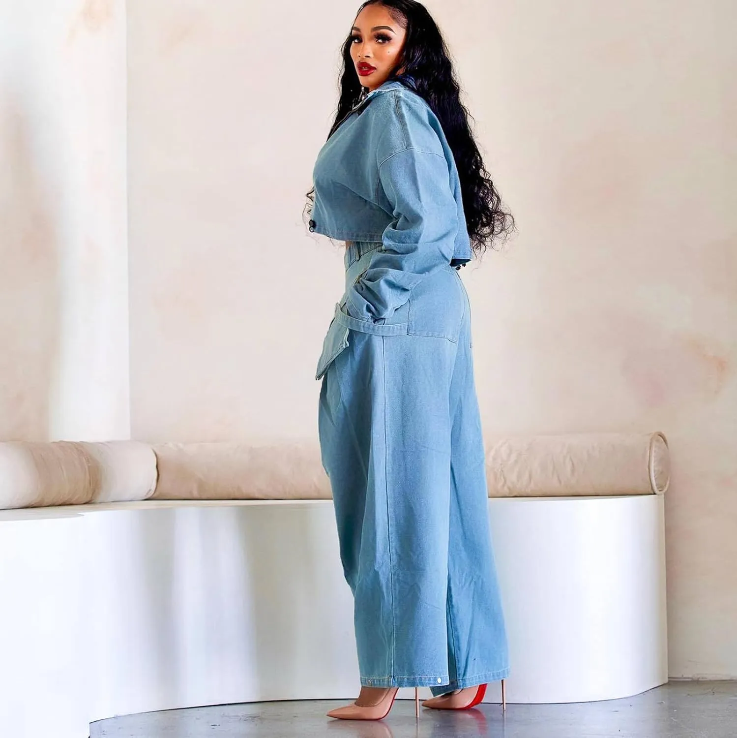 Womens Fall 2 Piece Outfits Zip Up Long Sleeve Crop Jean Jacket Wide Leg Cargo Pants Suit Denim Set