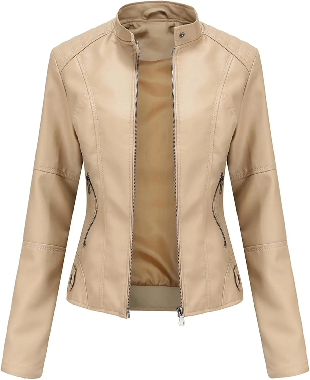 Women's Faux Leather Zip Up Cropped Coat Casual Long Sleeve Coat Trendy 2024 Motorbike Jacket Outerwear with Pockets