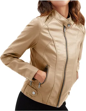 Women's Faux Leather Zip Up Cropped Coat Casual Long Sleeve Coat Trendy 2024 Motorbike Jacket Outerwear with Pockets