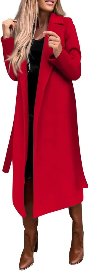 Women's Faux Wool Coat Blouse Thin Coat Trench Long Jacket Ladies Slim Long Belt Wool Hiking Winter Jackets