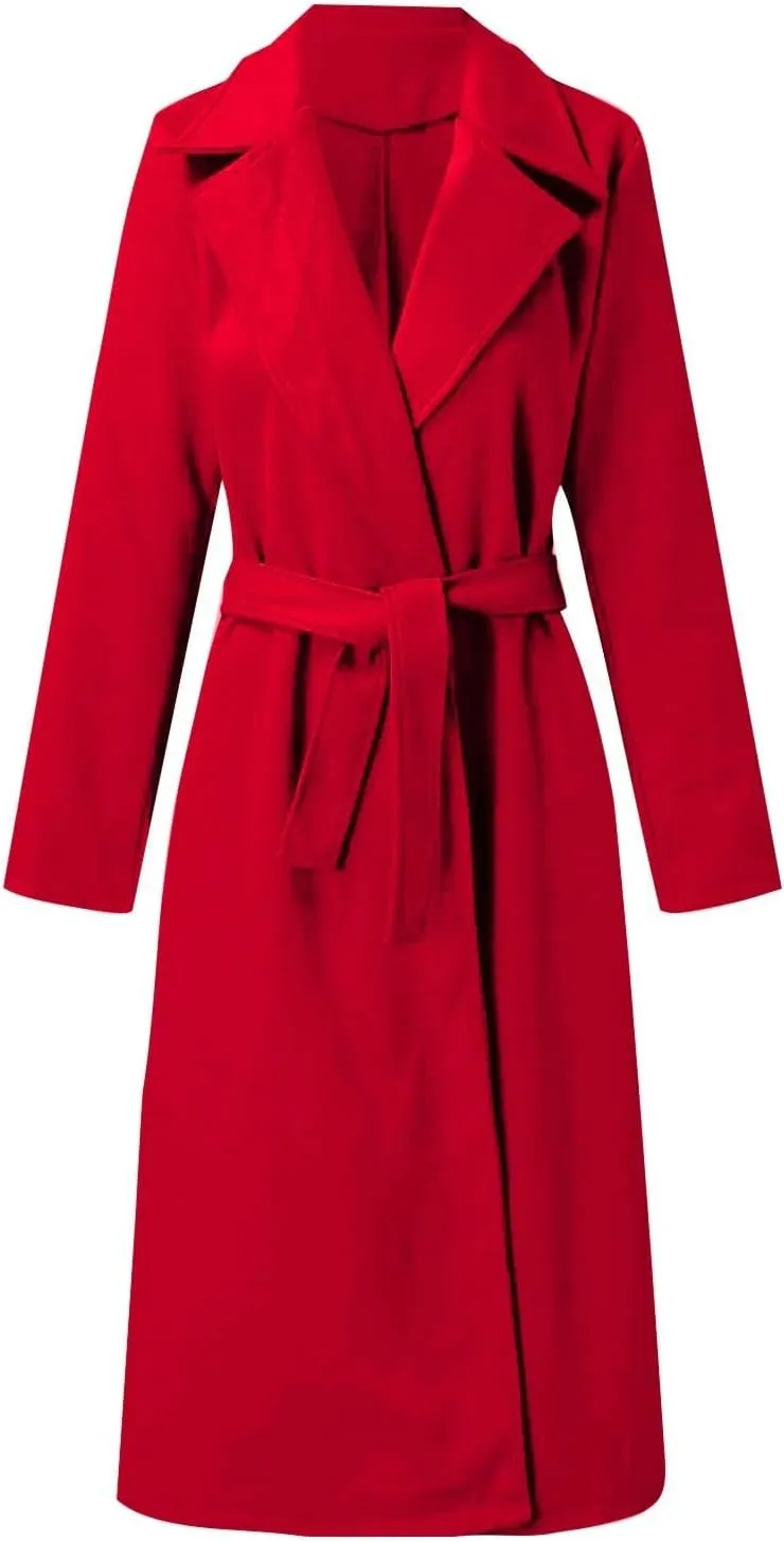 Women's Faux Wool Coat Blouse Thin Coat Trench Long Jacket Ladies Slim Long Belt Wool Hiking Winter Jackets