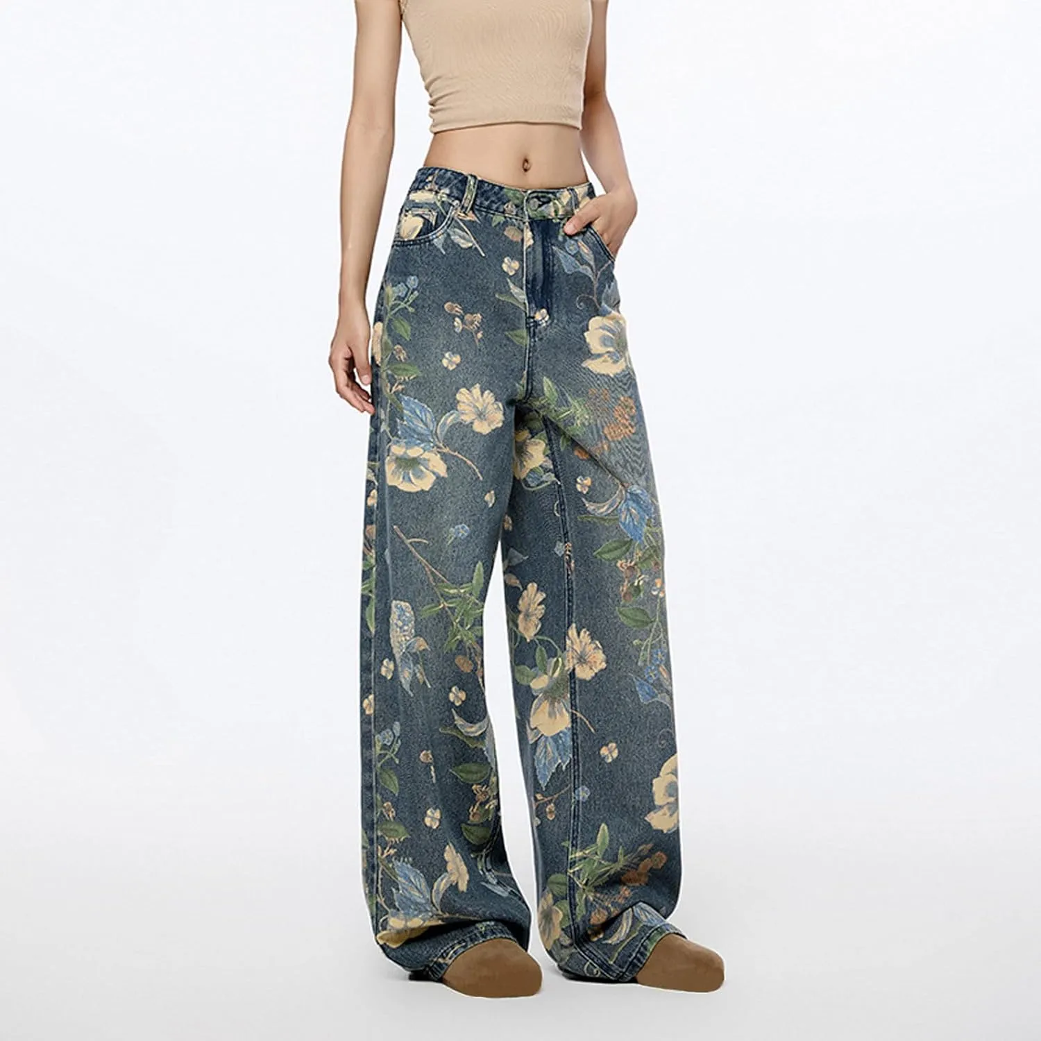 Women's Floral Baggy Jeans Y2k Aesthetics Wide Leg High Waisted Denim Pants Vintage Flower Graphic Grunge Trousers