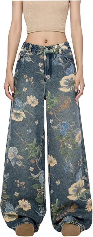 Women's Floral Baggy Jeans Y2k Aesthetics Wide Leg High Waisted Denim Pants Vintage Flower Graphic Grunge Trousers