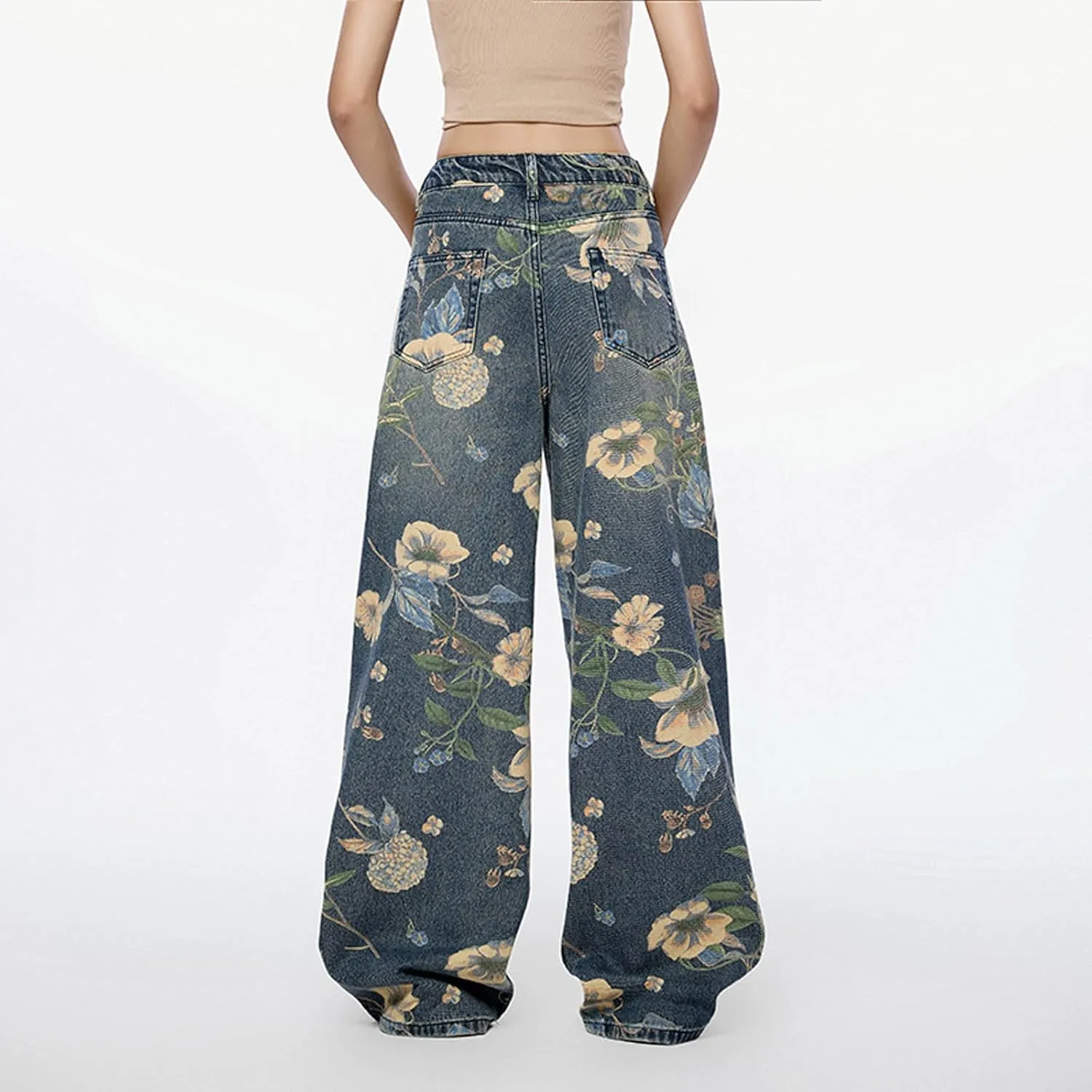 Women's Floral Baggy Jeans Y2k Aesthetics Wide Leg High Waisted Denim Pants Vintage Flower Graphic Grunge Trousers