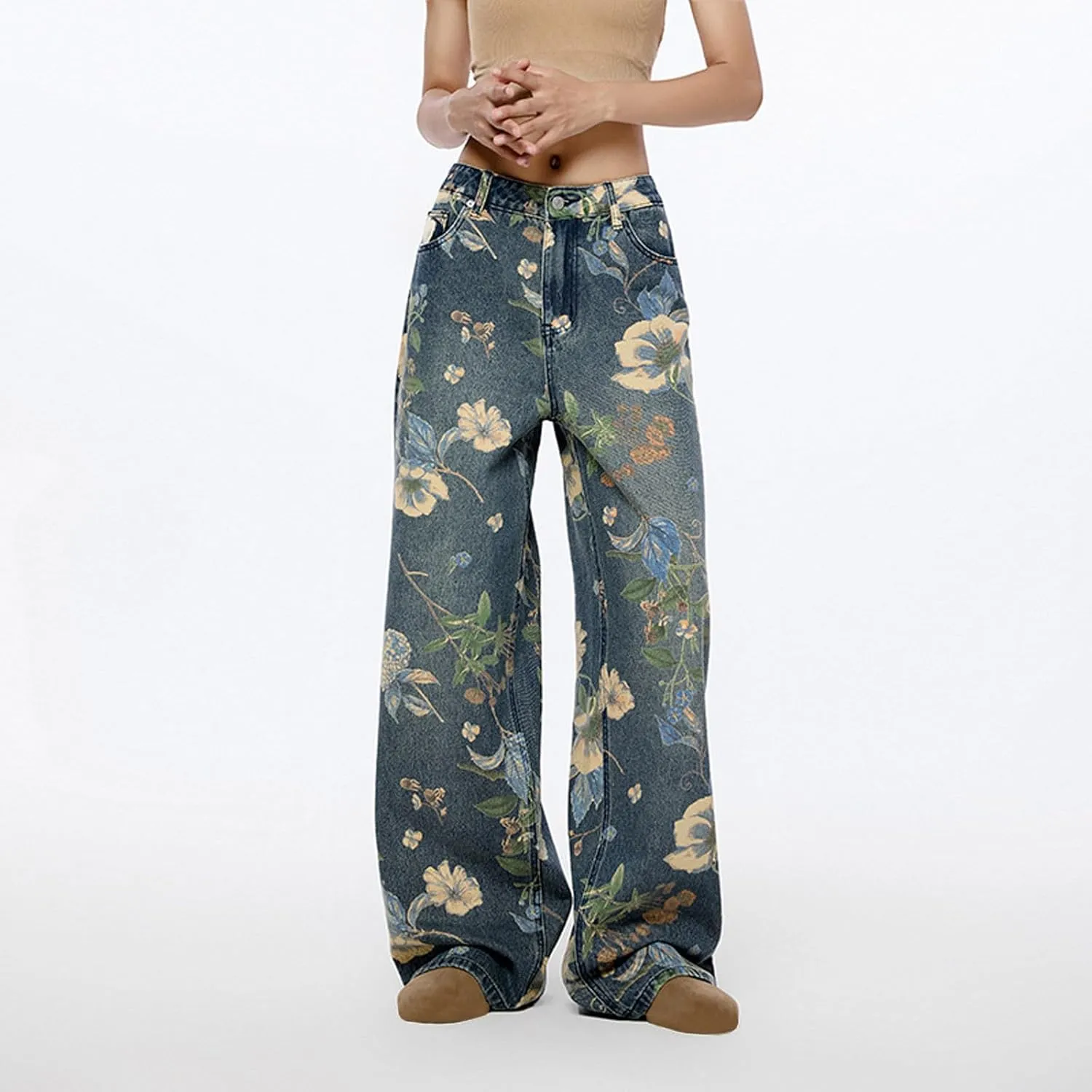 Women's Floral Baggy Jeans Y2k Aesthetics Wide Leg High Waisted Denim Pants Vintage Flower Graphic Grunge Trousers