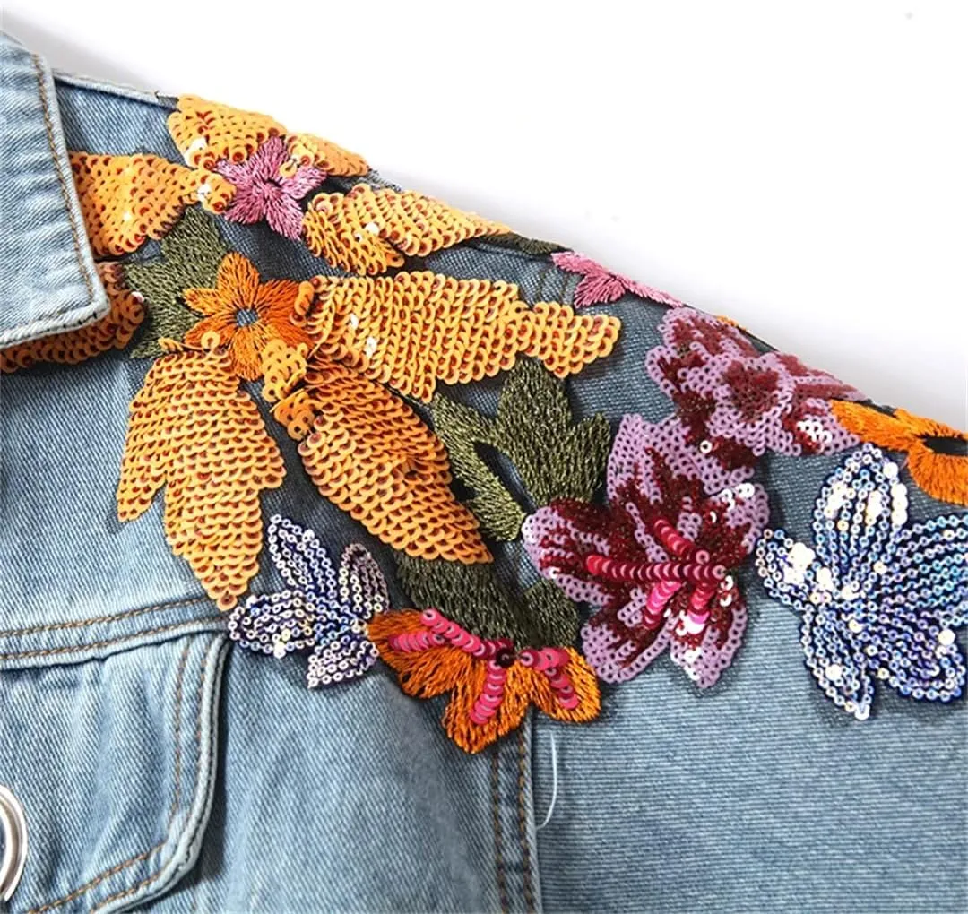 WomenS Floral Embroidered Sequined Denim Jacket Streetwear Wide-Waisted Cowboy Cardigan With Ruffles Diamonds