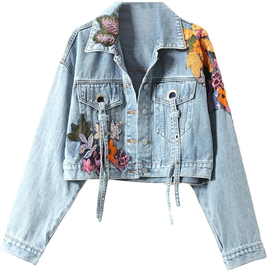 WomenS Floral Embroidered Sequined Denim Jacket Streetwear Wide-Waisted Cowboy Cardigan With Ruffles Diamonds
