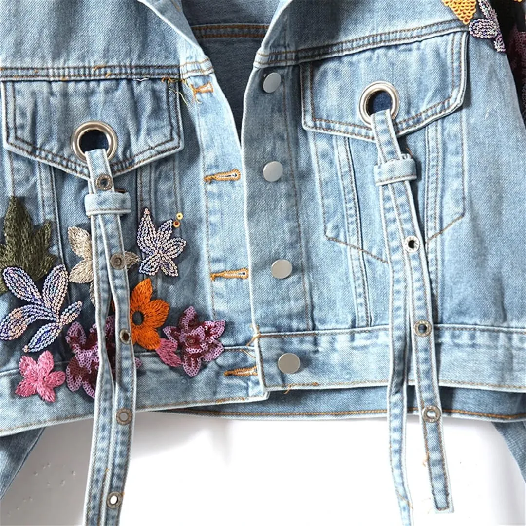 WomenS Floral Embroidered Sequined Denim Jacket Streetwear Wide-Waisted Cowboy Cardigan With Ruffles Diamonds