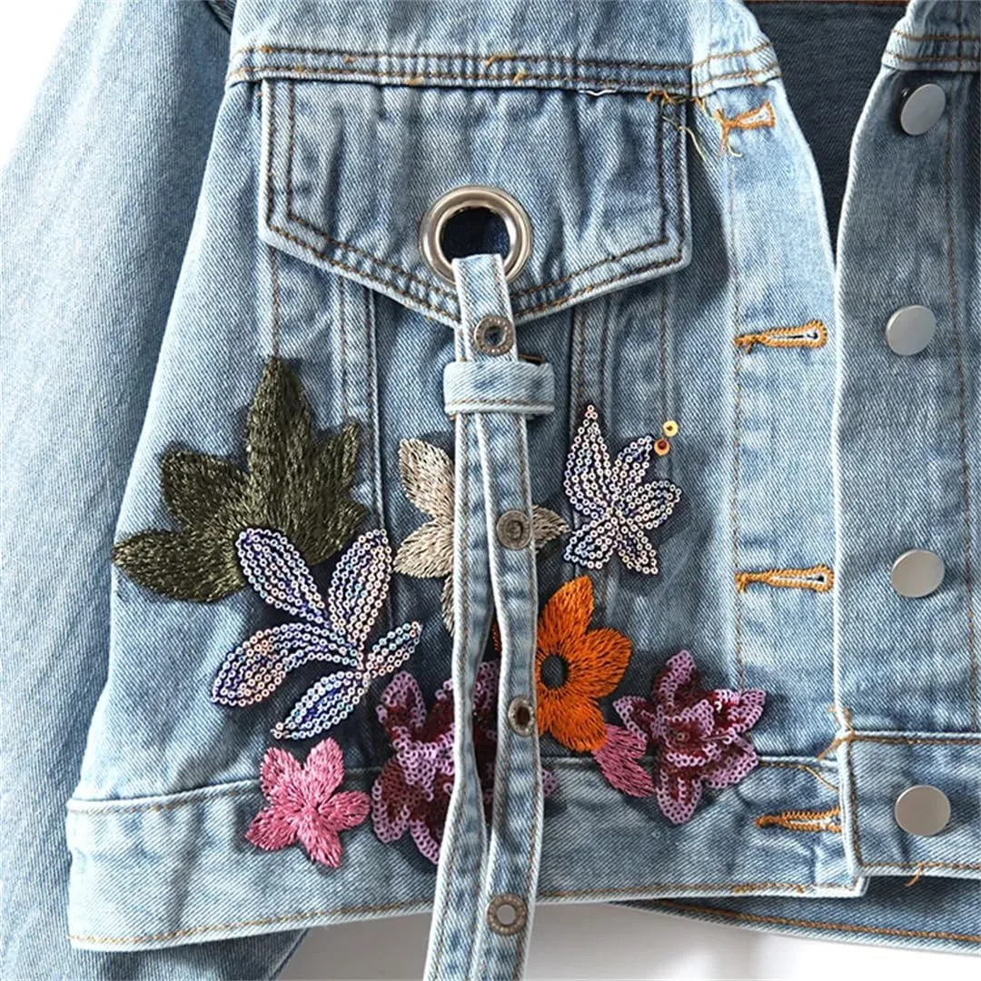 WomenS Floral Embroidered Sequined Denim Jacket Streetwear Wide-Waisted Cowboy Cardigan With Ruffles Diamonds