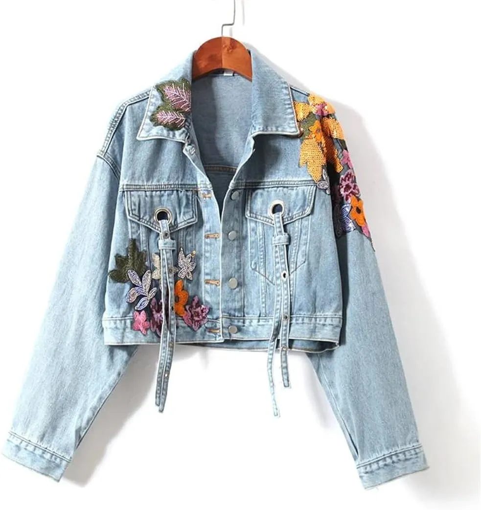 WomenS Floral Embroidered Sequined Denim Jacket Streetwear Wide-Waisted Cowboy Cardigan With Ruffles Diamonds