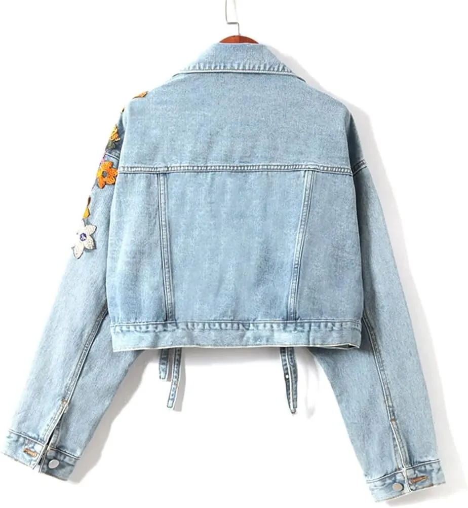 WomenS Floral Embroidered Sequined Denim Jacket Streetwear Wide-Waisted Cowboy Cardigan With Ruffles Diamonds