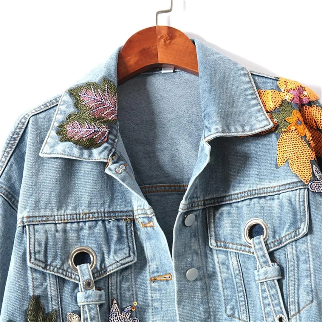 WomenS Floral Embroidered Sequined Denim Jacket Streetwear Wide-Waisted Cowboy Cardigan With Ruffles Diamonds