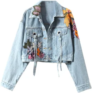 WomenS Floral Embroidered Sequined Denim Jacket Streetwear Wide-Waisted Cowboy Cardigan With Ruffles Diamonds