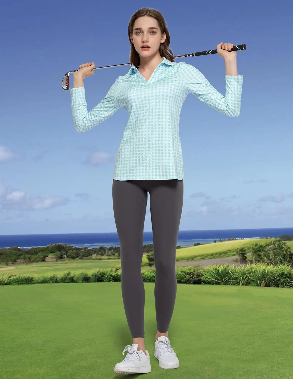 Women's Golf Polo Shirts Long Sleeve Workout Tops V Neck UPF 50  Sun Protection Quick Dry Lightweight Active Shirts