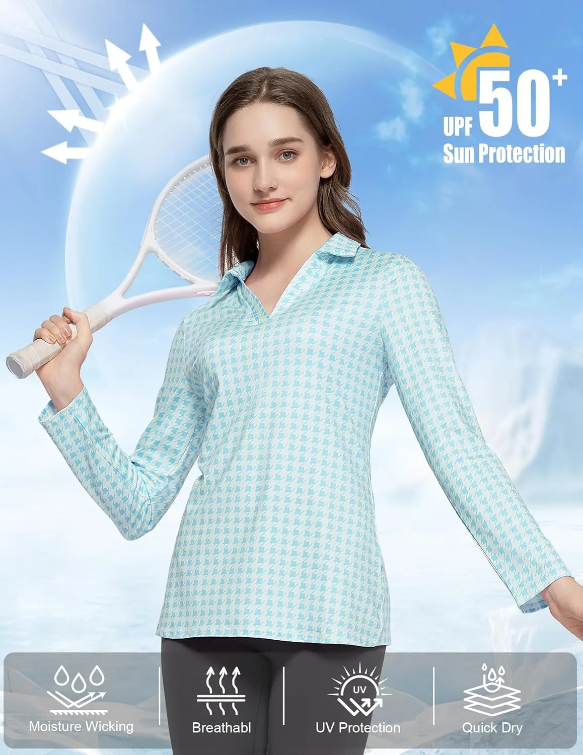 Women's Golf Polo Shirts Long Sleeve Workout Tops V Neck UPF 50  Sun Protection Quick Dry Lightweight Active Shirts