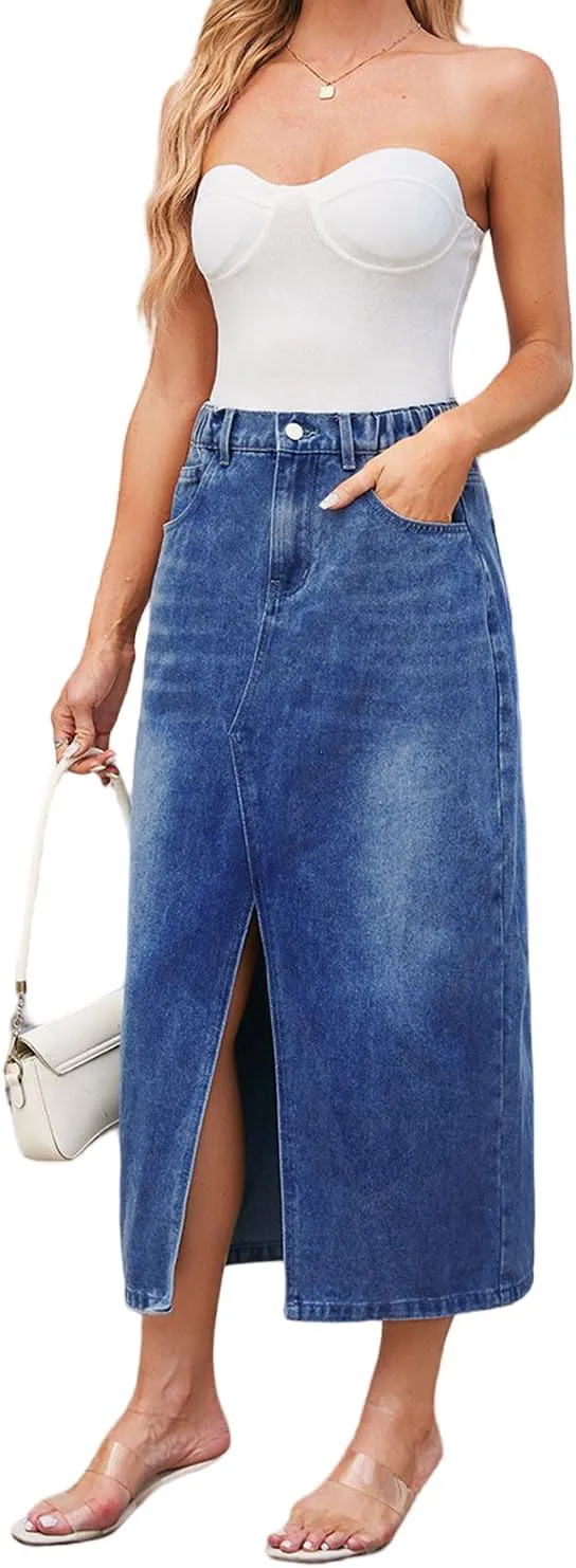 Women's High Waisted Front Slit Denim Maxi Skirt Stretchy Waist Long Jean Skirt Streetwear