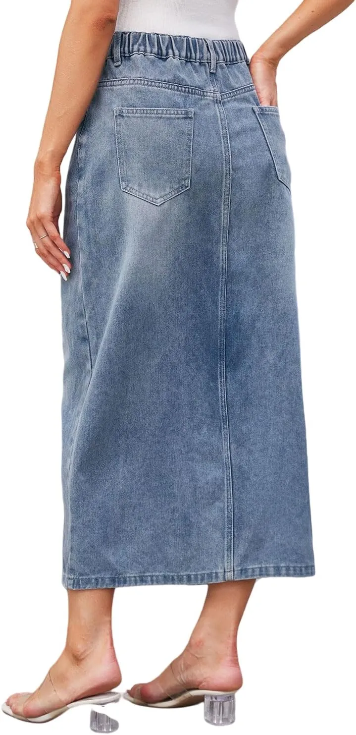 Women's High Waisted Front Slit Denim Maxi Skirt Stretchy Waist Long Jean Skirt Streetwear