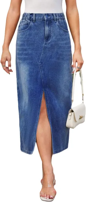 Women's High Waisted Front Slit Denim Maxi Skirt Stretchy Waist Long Jean Skirt Streetwear