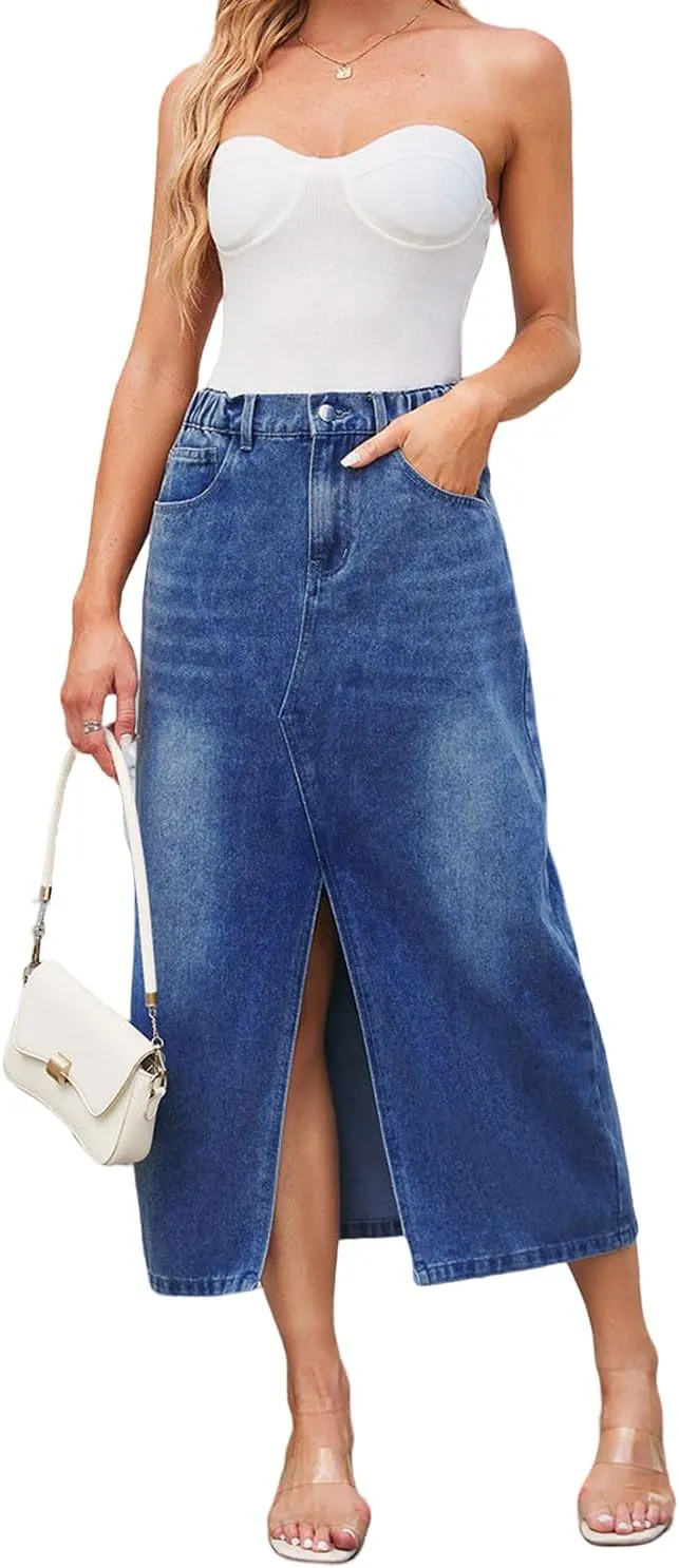 Women's High Waisted Front Slit Denim Maxi Skirt Stretchy Waist Long Jean Skirt Streetwear