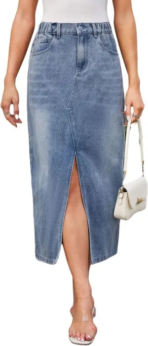 Women's High Waisted Front Slit Denim Maxi Skirt Stretchy Waist Long Jean Skirt Streetwear